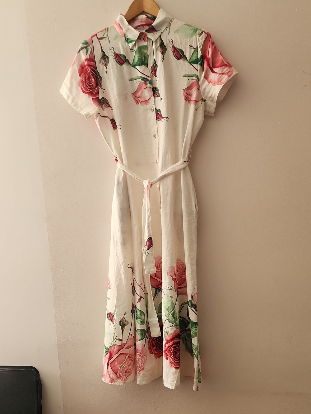 Spighe Di Lino Linen Blend Roses Short Sleeve Midi Shirt Dress Size L